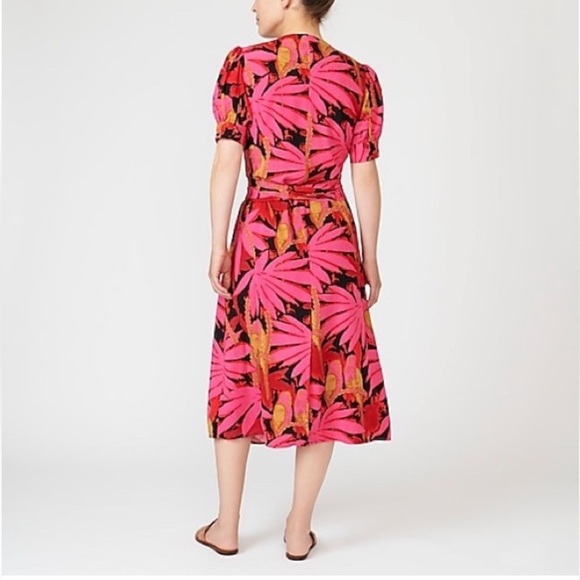 J. Crew Midi Dress Faux Wrap Pink Tropical Palm/Island Hawaiian Floral Print 14 - Picture 3 of 16